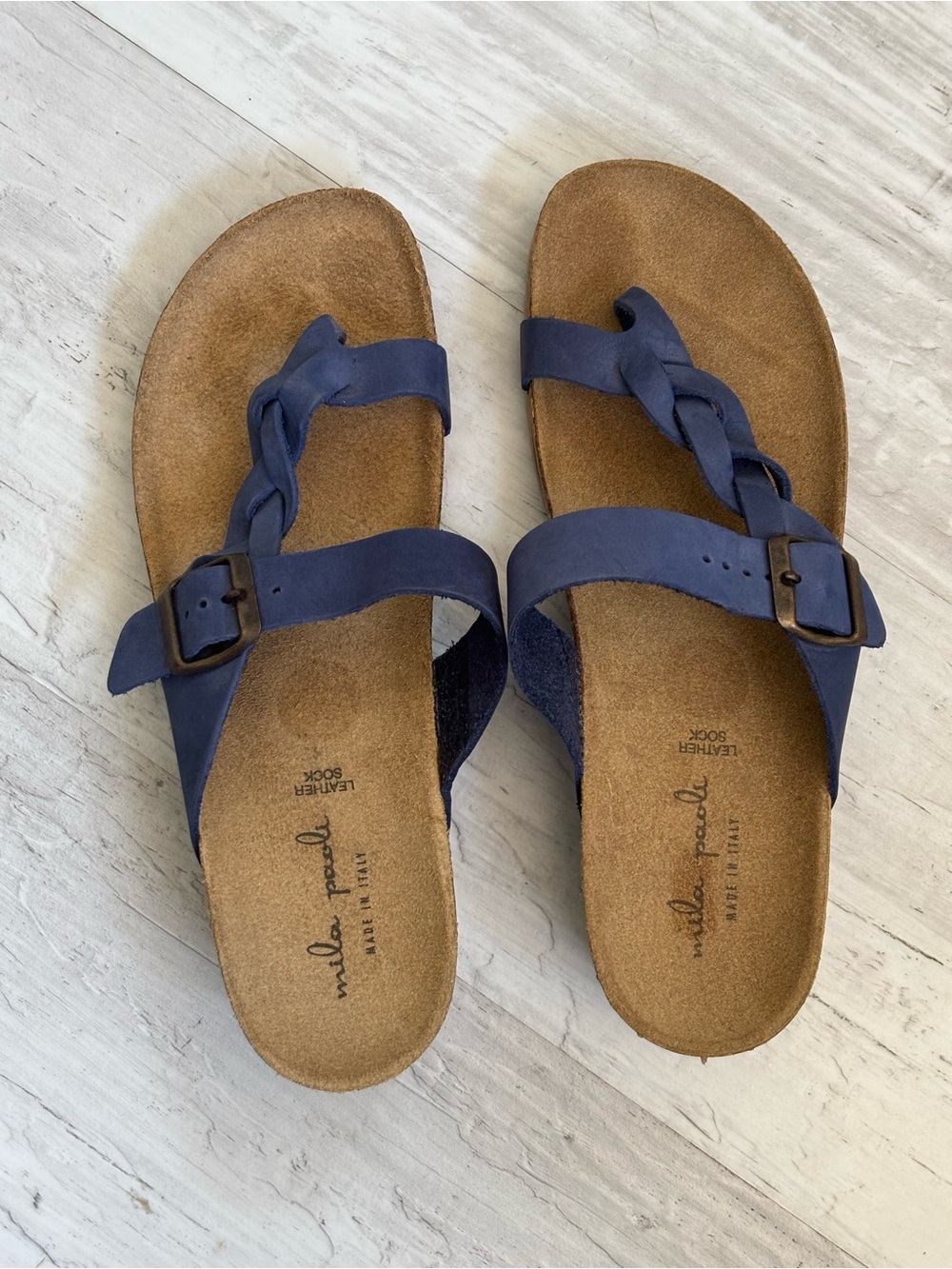 Mila Paoli Blue Leather Braided Strap Sandal with Buckle Women’s Size 9